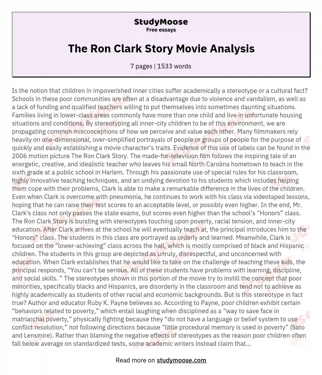 The Ron Clark Story Movie Analysis essay