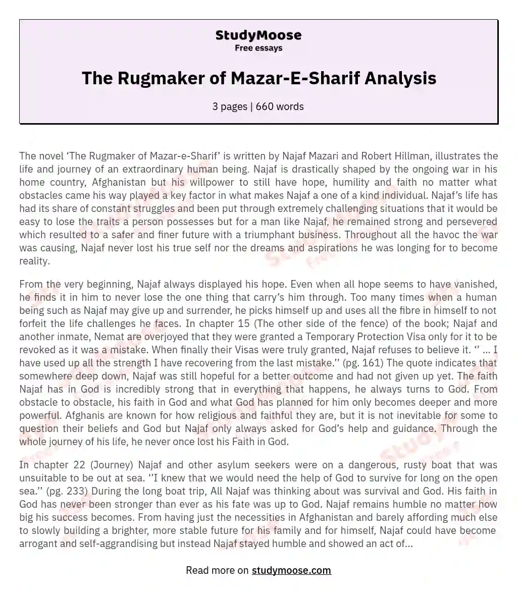 The Rugmaker of Mazar-E-Sharif Analysis essay