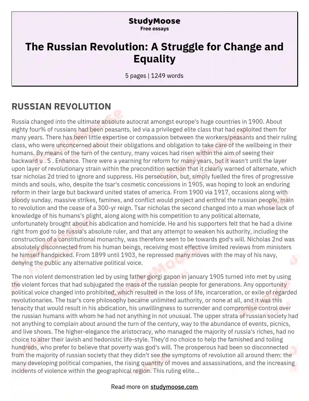The Russian Revolution: A Struggle for Change and Equality essay