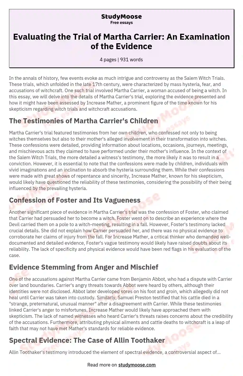 Evaluating the Trial of Martha Carrier: An Examination of the Evidence essay