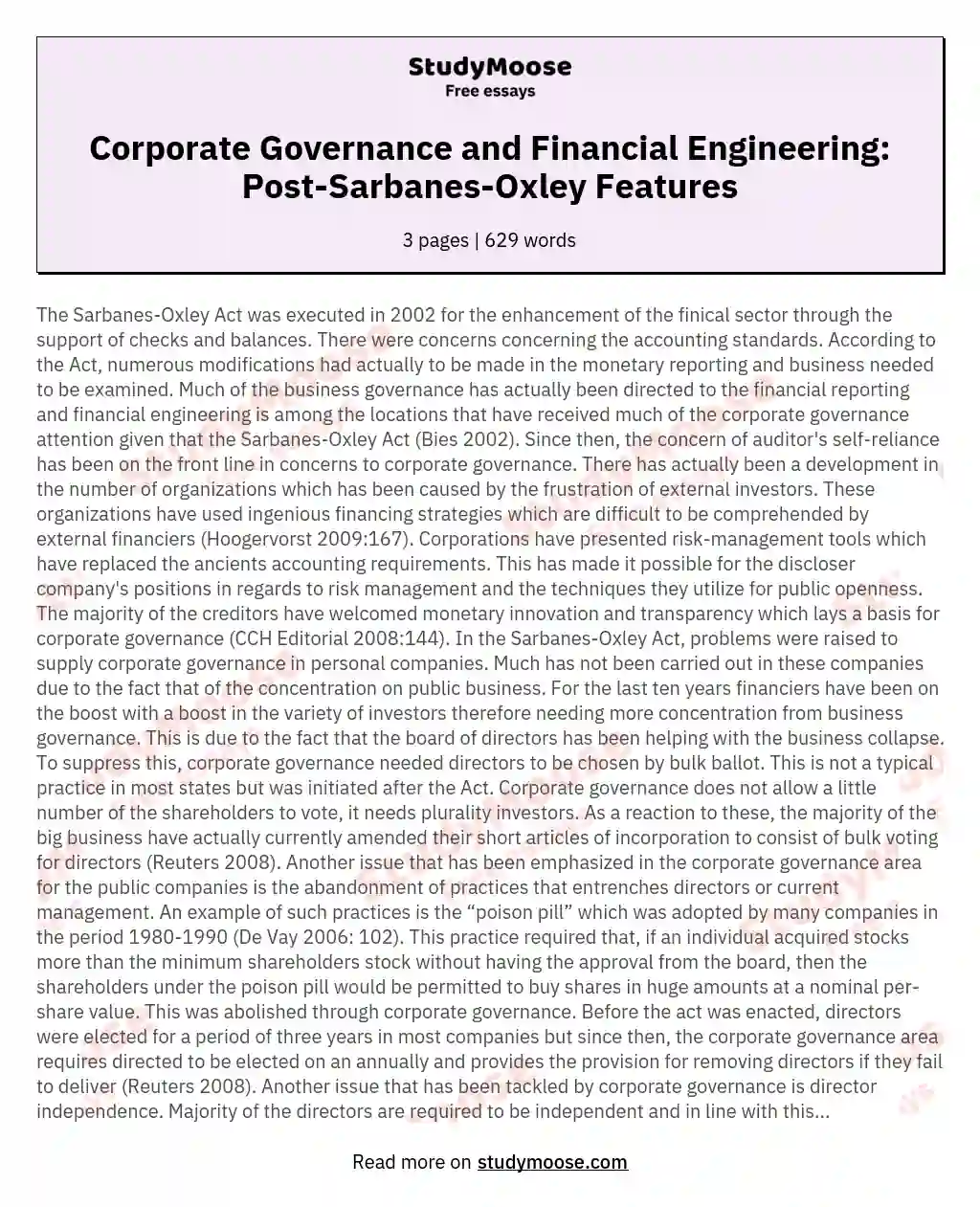 The Salient Features Of Corporate Governance On Financial Engineering After The Sarbanes-Oxley Act