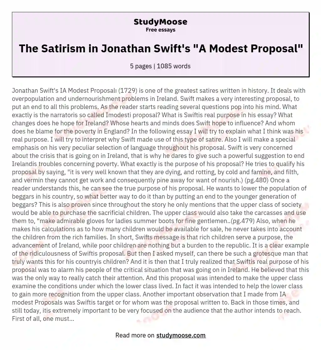 The Satirism in Jonathan Swift's "A Modest Proposal" essay