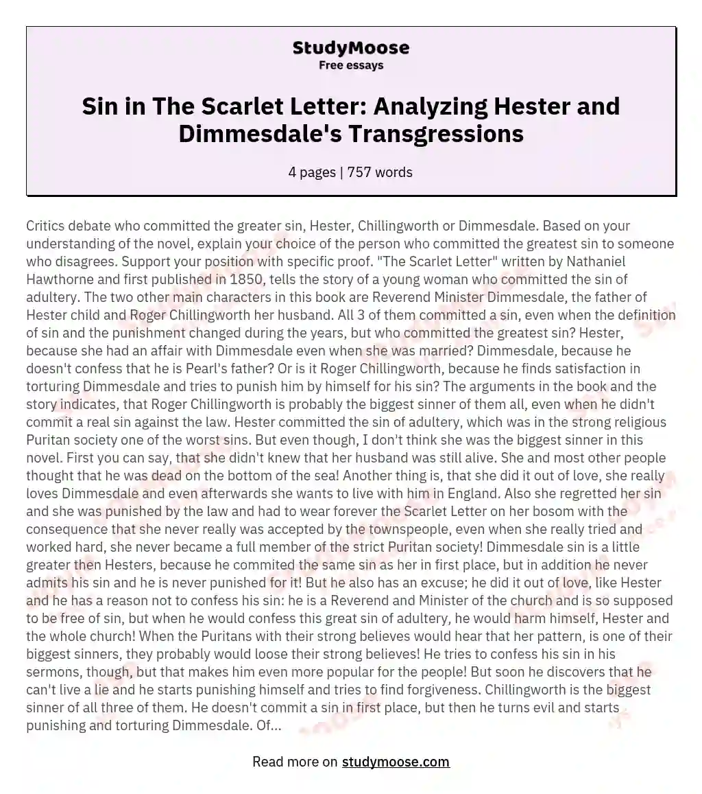 Sin in The Scarlet Letter: Analyzing Hester and Dimmesdale's Transgressions essay