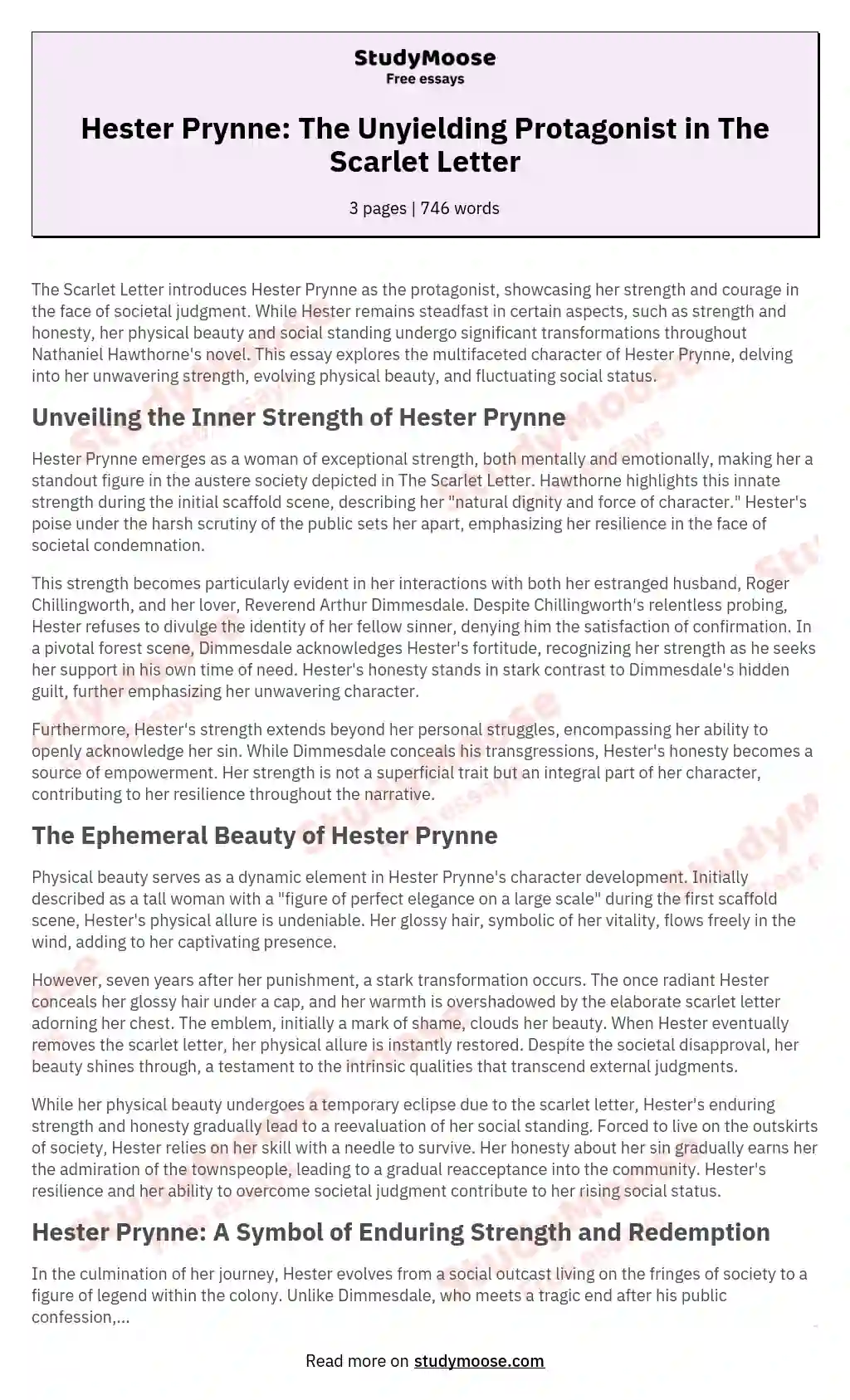 Hester Prynne: The Unyielding Protagonist in The Scarlet Letter essay