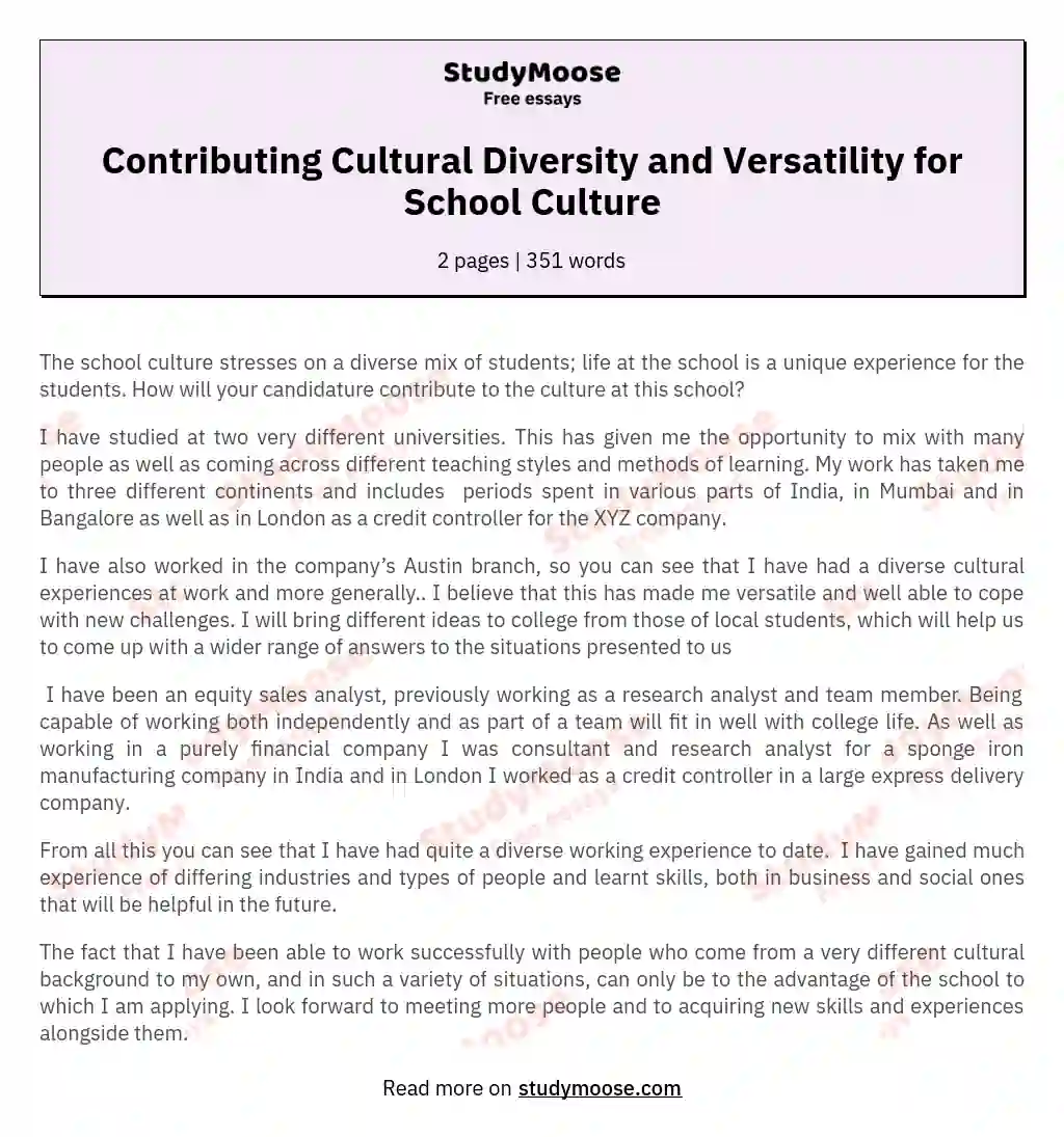 Contributing Cultural Diversity and Versatility for School Culture essay