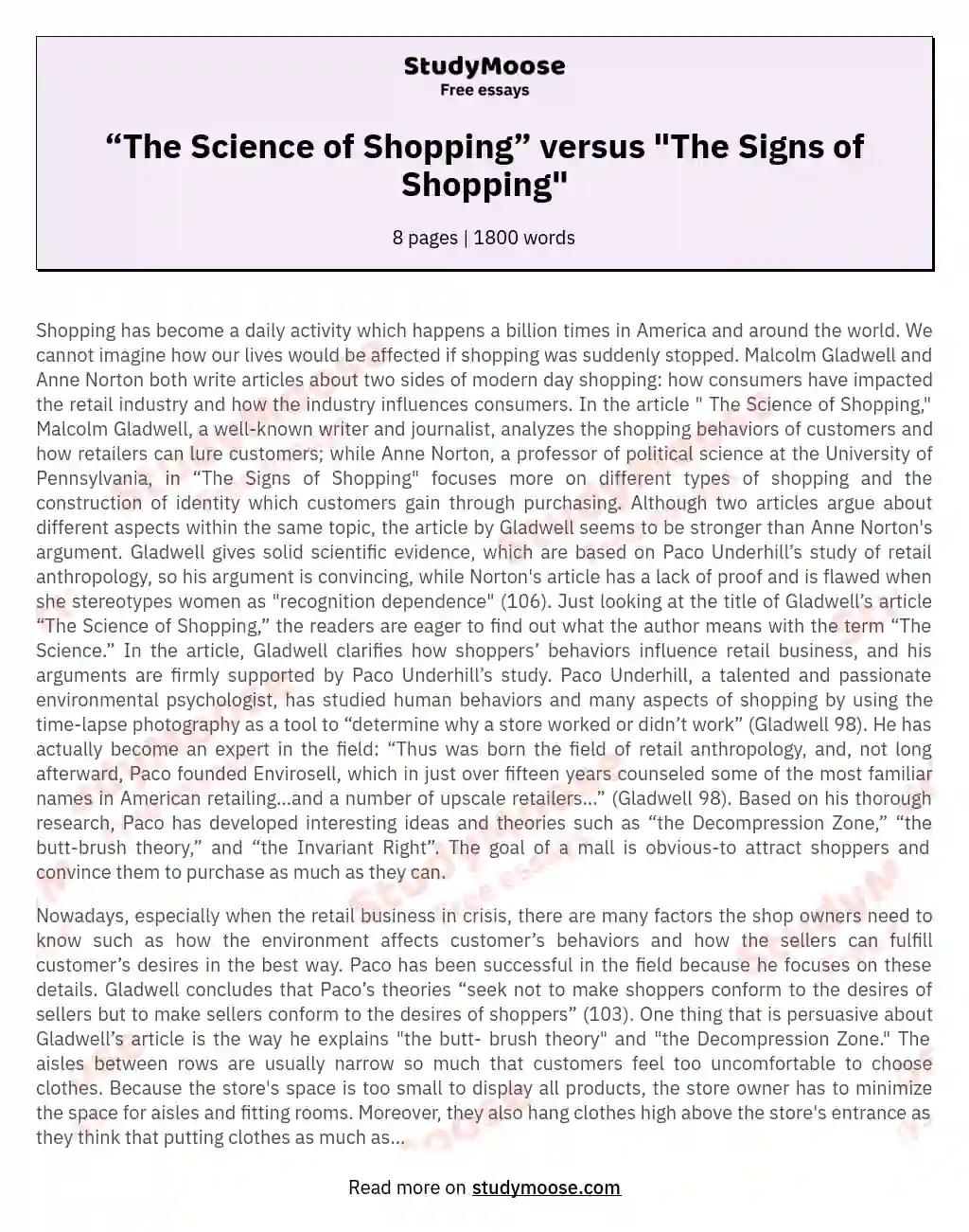 “The Science of Shopping” versus "The Signs of Shopping" essay