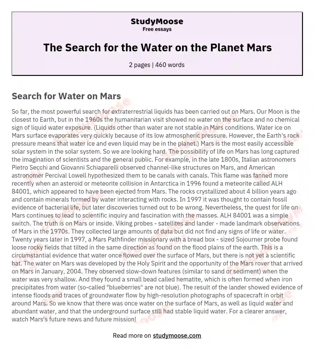 The Search for the Water on the Planet Mars essay