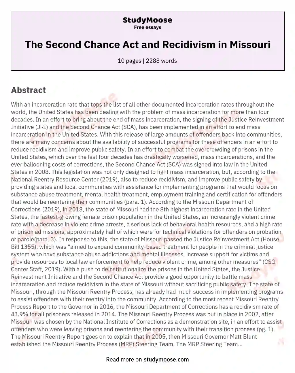 The Second Chance Act and Recidivism in Missouri