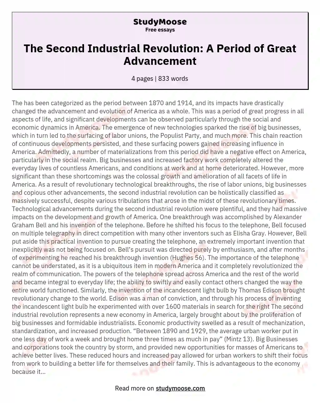 The Second Industrial Revolution: A Period of Great Advancement essay