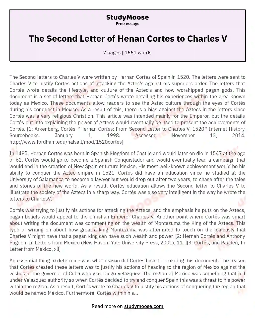 The Second Letter of Henan Cortes to Charles V essay