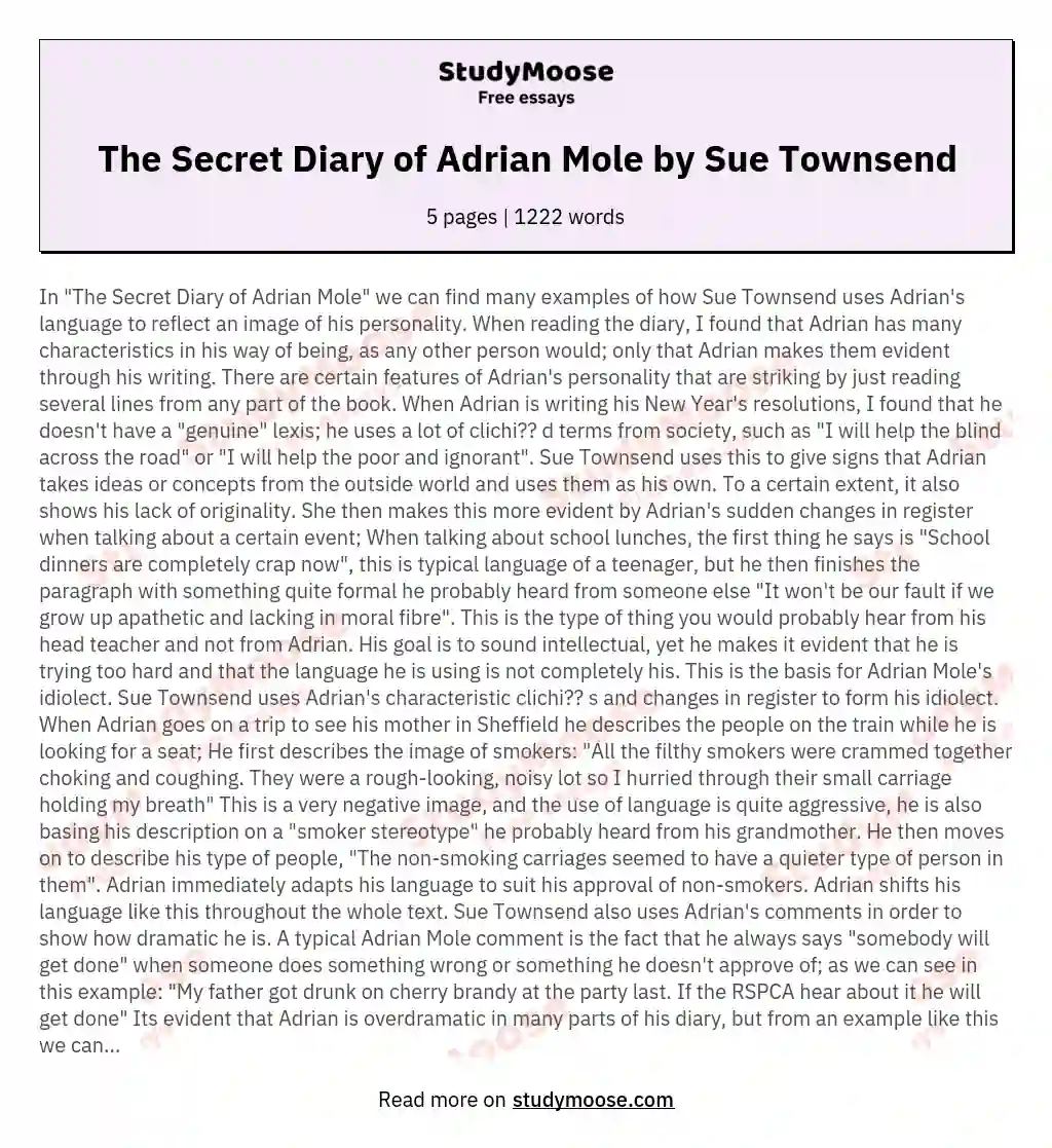 The Secret Diary of Adrian Mole by Sue Townsend essay