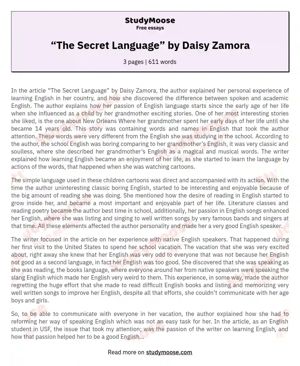 “The Secret Language” by Daisy Zamora essay