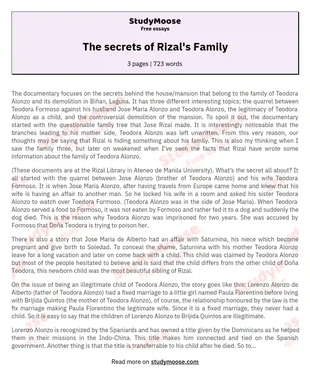 The secrets of Rizal's Family essay
