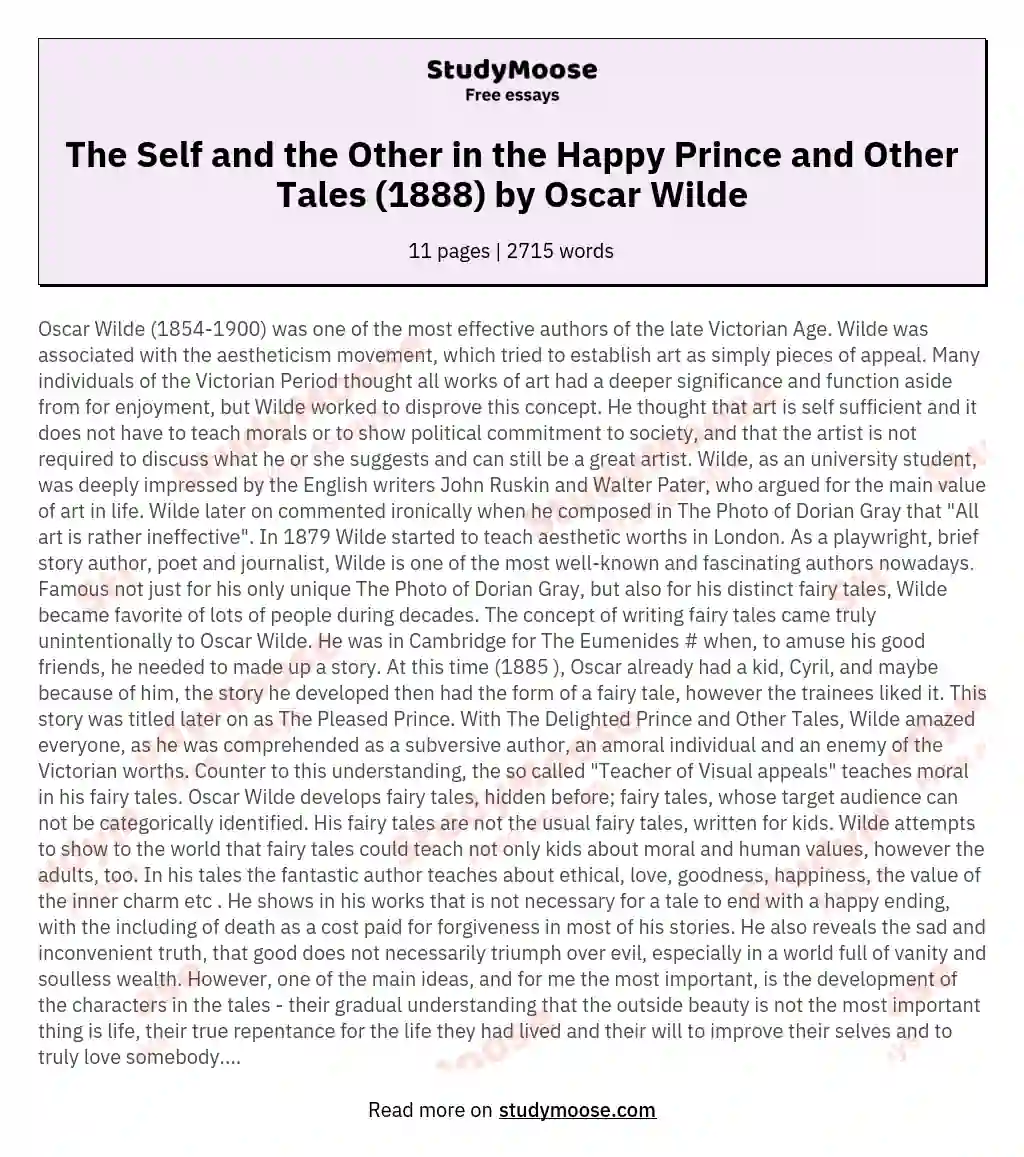 The Self and the Other in the Happy Prince and Other Tales (1888) by Oscar Wilde essay