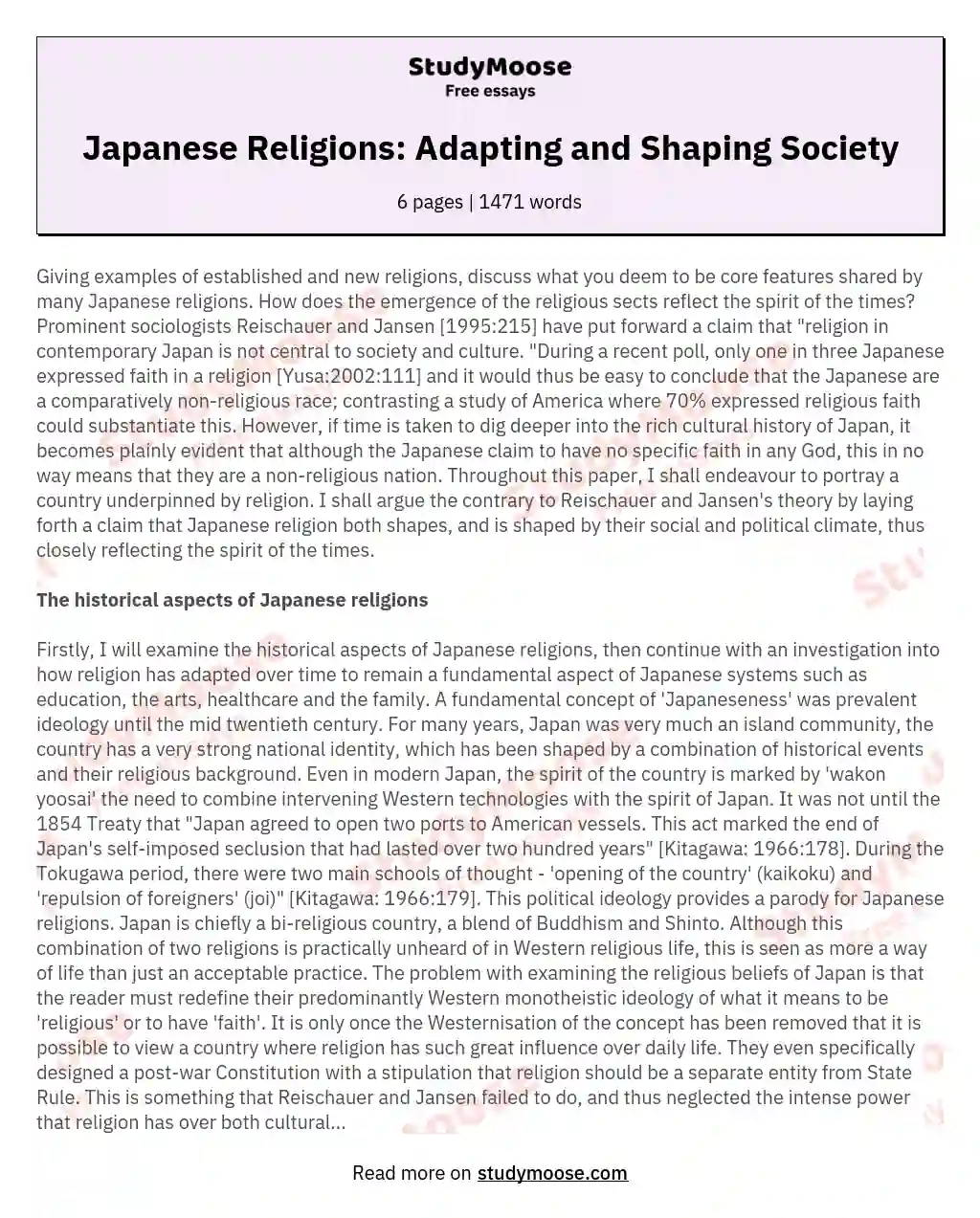 Japanese Religions: Adapting and Shaping Society essay