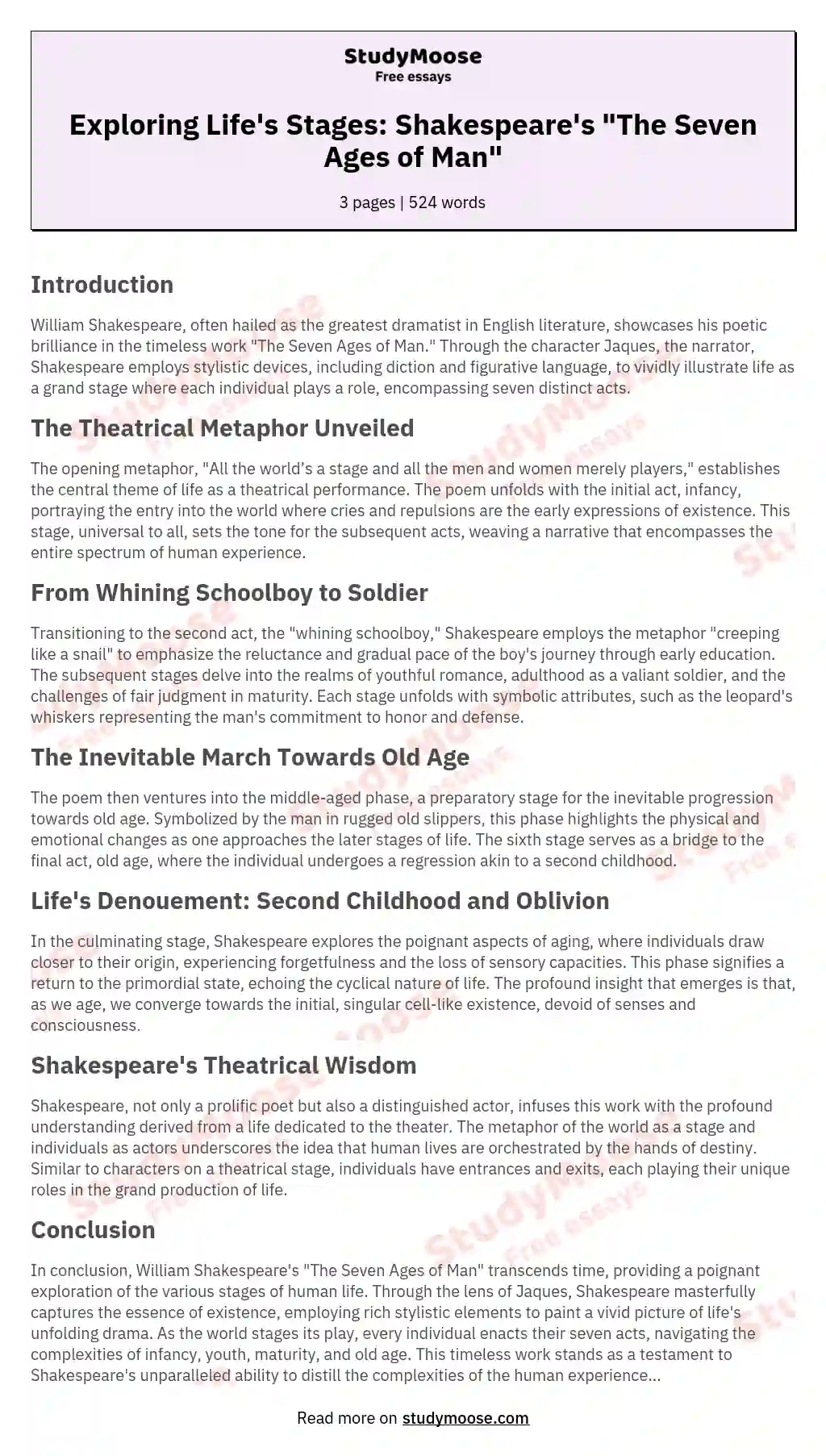 Exploring Life's Stages: Shakespeare's "The Seven Ages of Man" essay