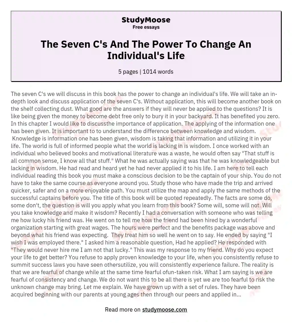 The Seven C's  And The Power To Change An Individual's Life essay