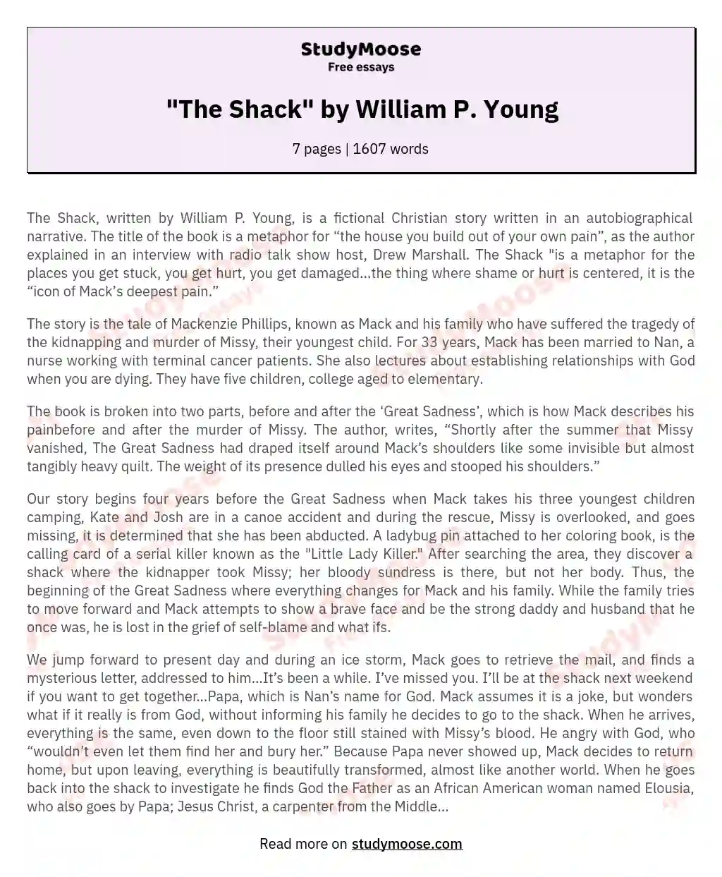 "The Shack" by William P. Young essay