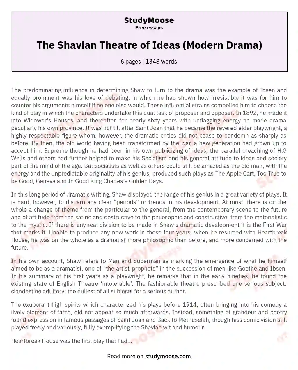 The Shavian Theatre of Ideas (Modern Drama) essay
