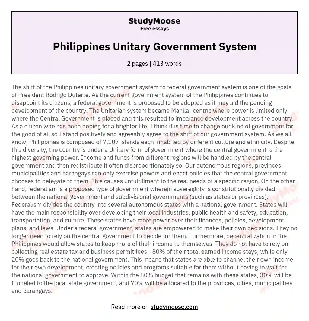 Philippines Unitary Government System essay