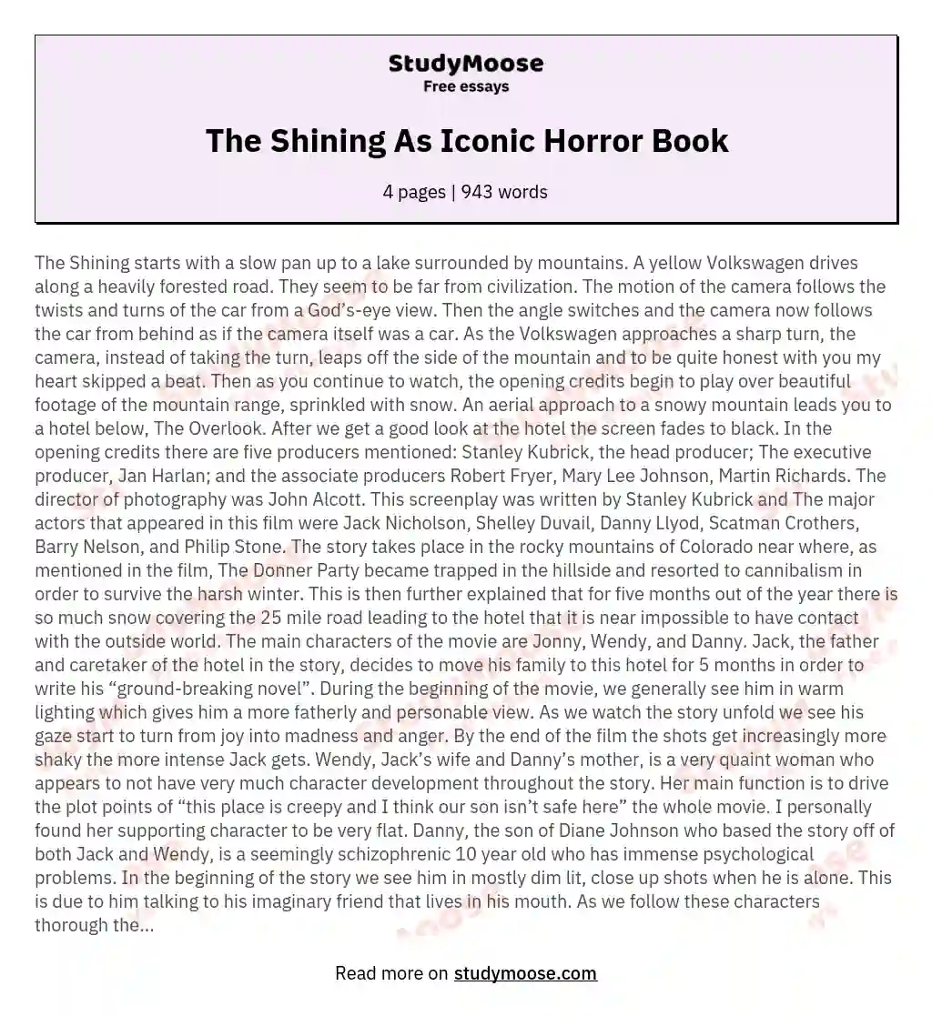 The Shining As Iconic Horror Book essay