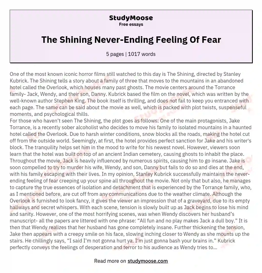 The Shining Never-Ending Feeling Of Fear essay