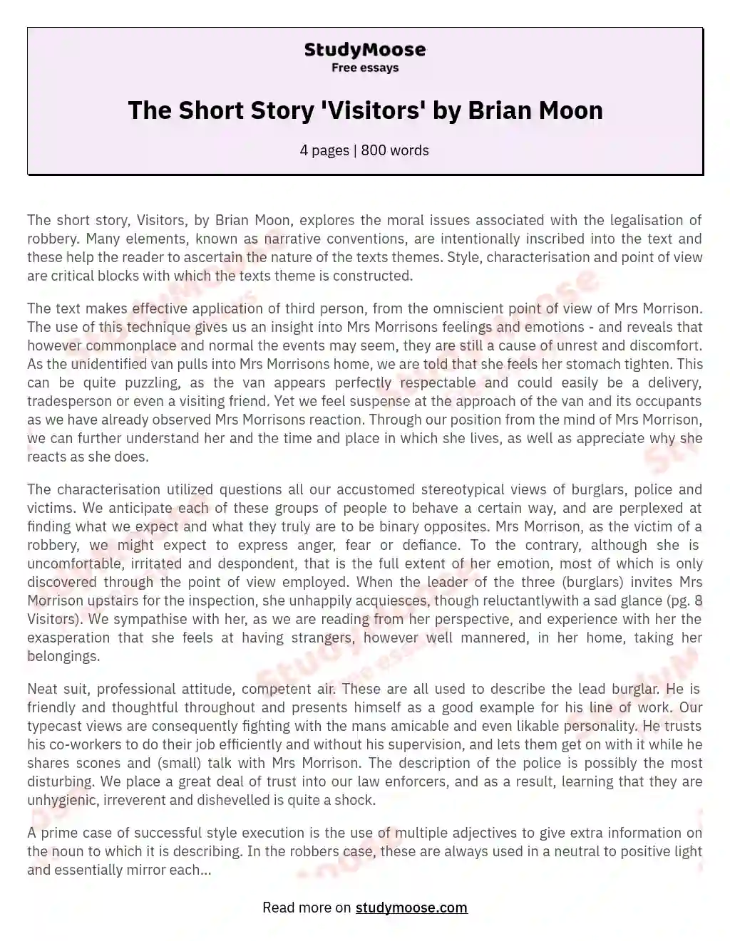The Short Story 'Visitors' by Brian Moon essay