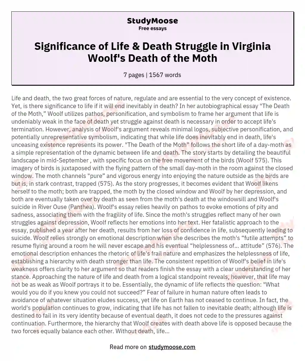 The Significance of Life and the Struggle Against Death in The Death of the Moth, an Essay by Virginia Woolf
