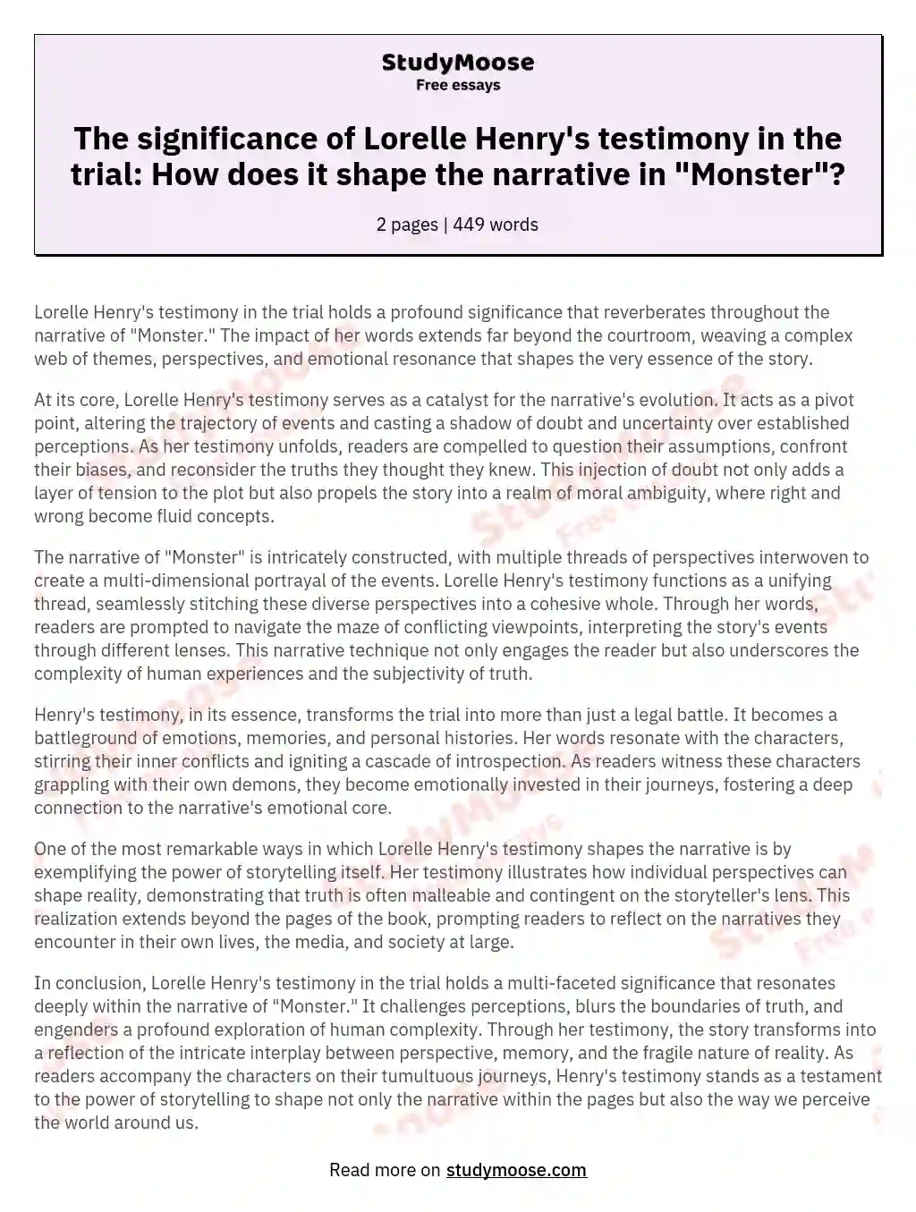 The significance of Lorelle Henry's testimony in the trial: How does it shape the narrative in "Monster"? essay