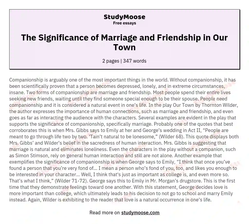 The Significance of Marriage and Friendship in Our Town essay