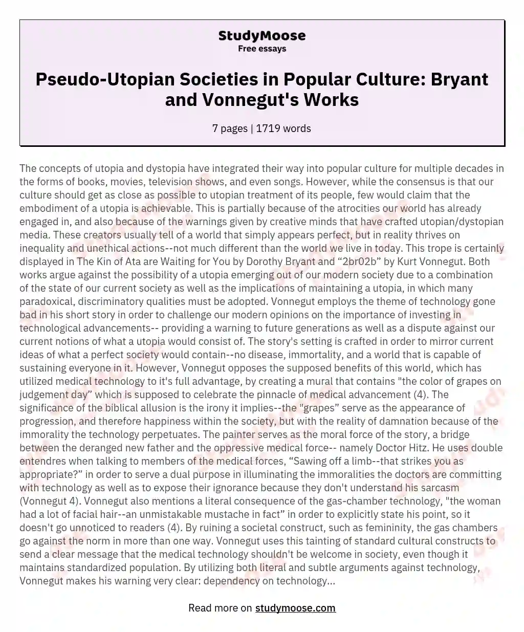 Pseudo-Utopian Societies in Popular Culture: Bryant and Vonnegut's Works essay