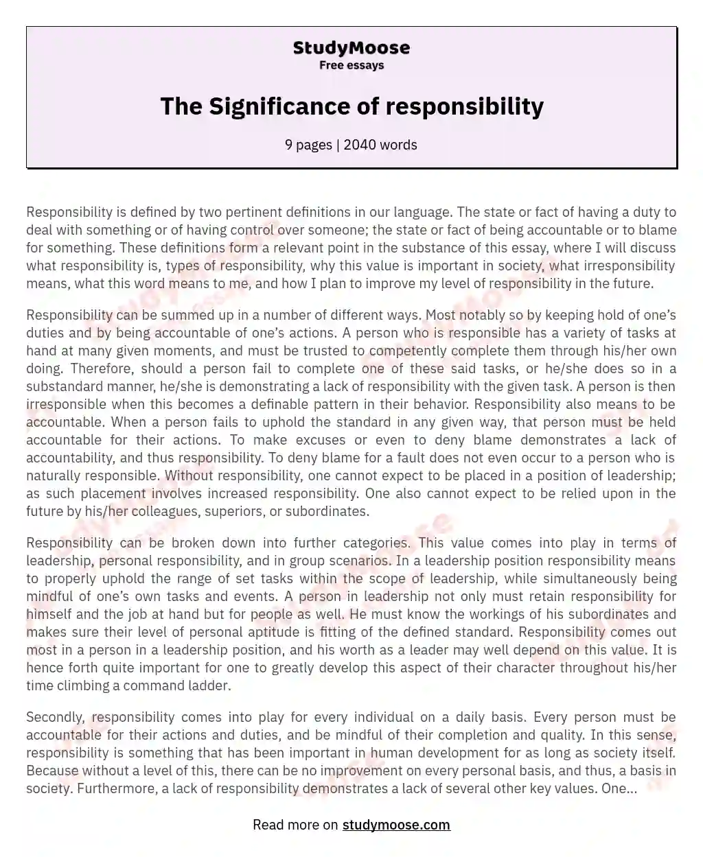 The Significance of responsibility essay
