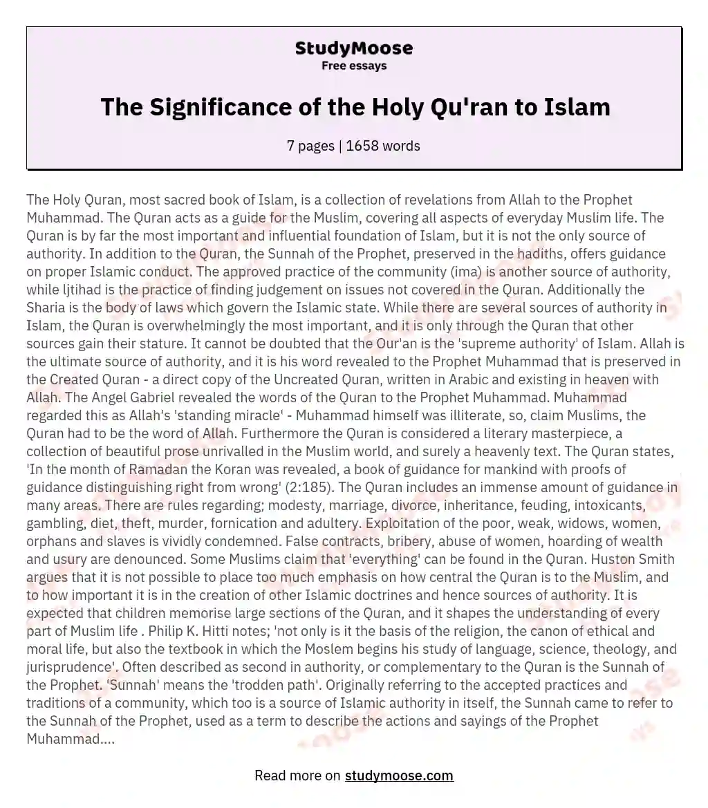 The Significance of the Holy Qu'ran to Islam essay