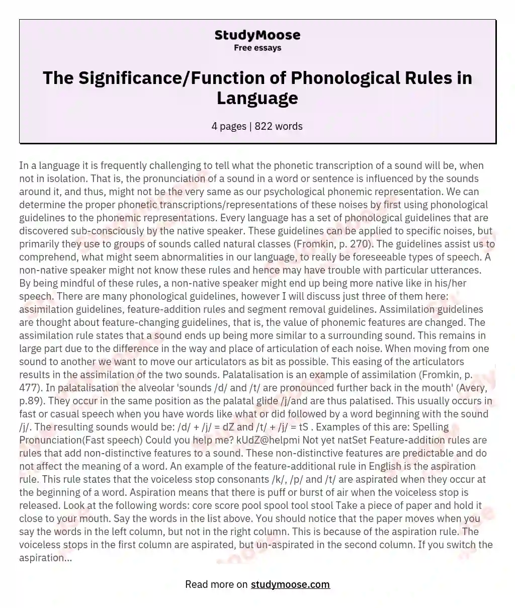 The Significance/Function of Phonological Rules in Language essay