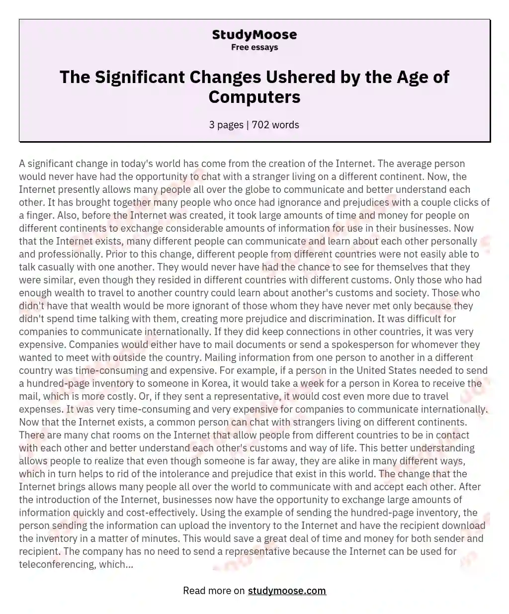 The Significant Changes Ushered by the Age of Computers essay