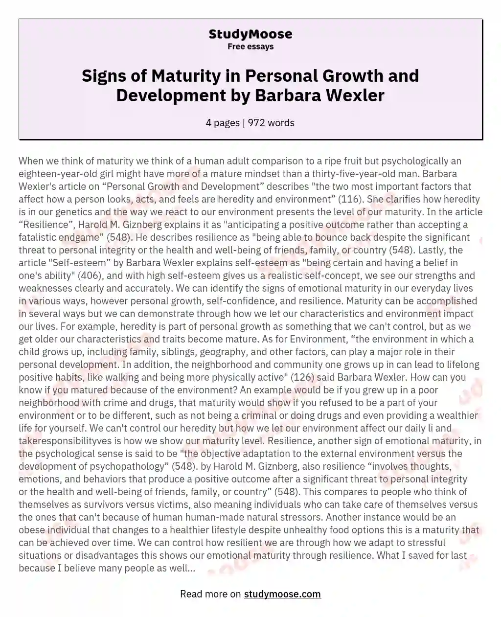 Signs of Maturity in Personal Growth and Development by Barbara Wexler essay