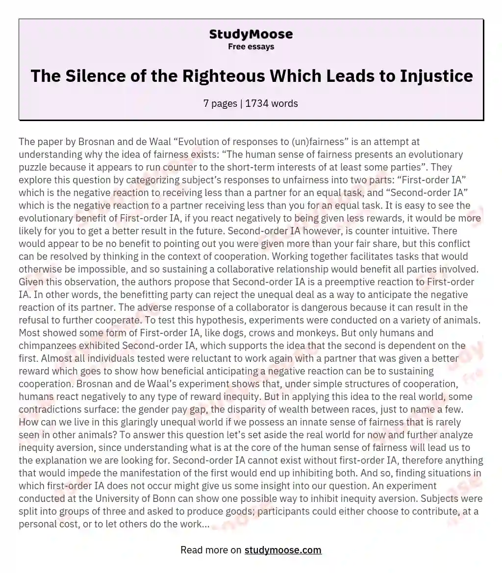 The Silence of the Righteous Which Leads to Injustice essay