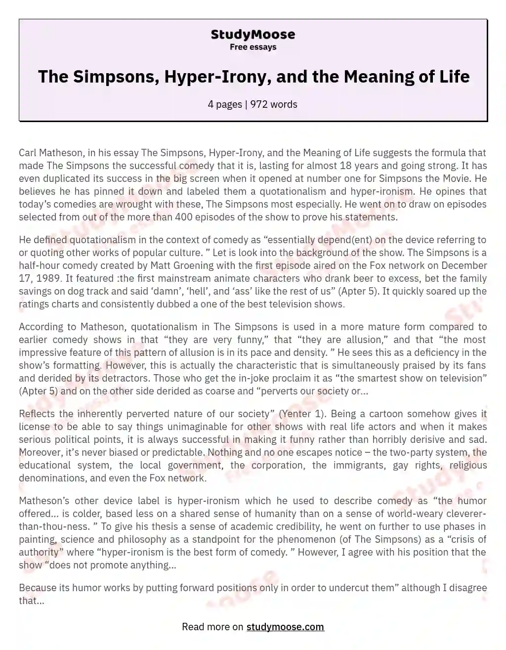 The Simpsons, Hyper-Irony, and the Meaning of Life essay
