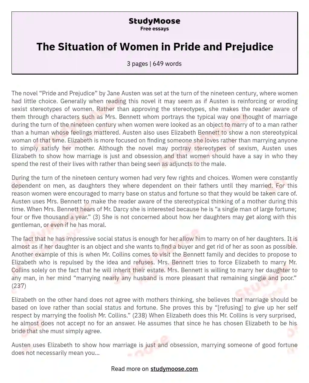 The Situation of Women in Pride and Prejudice