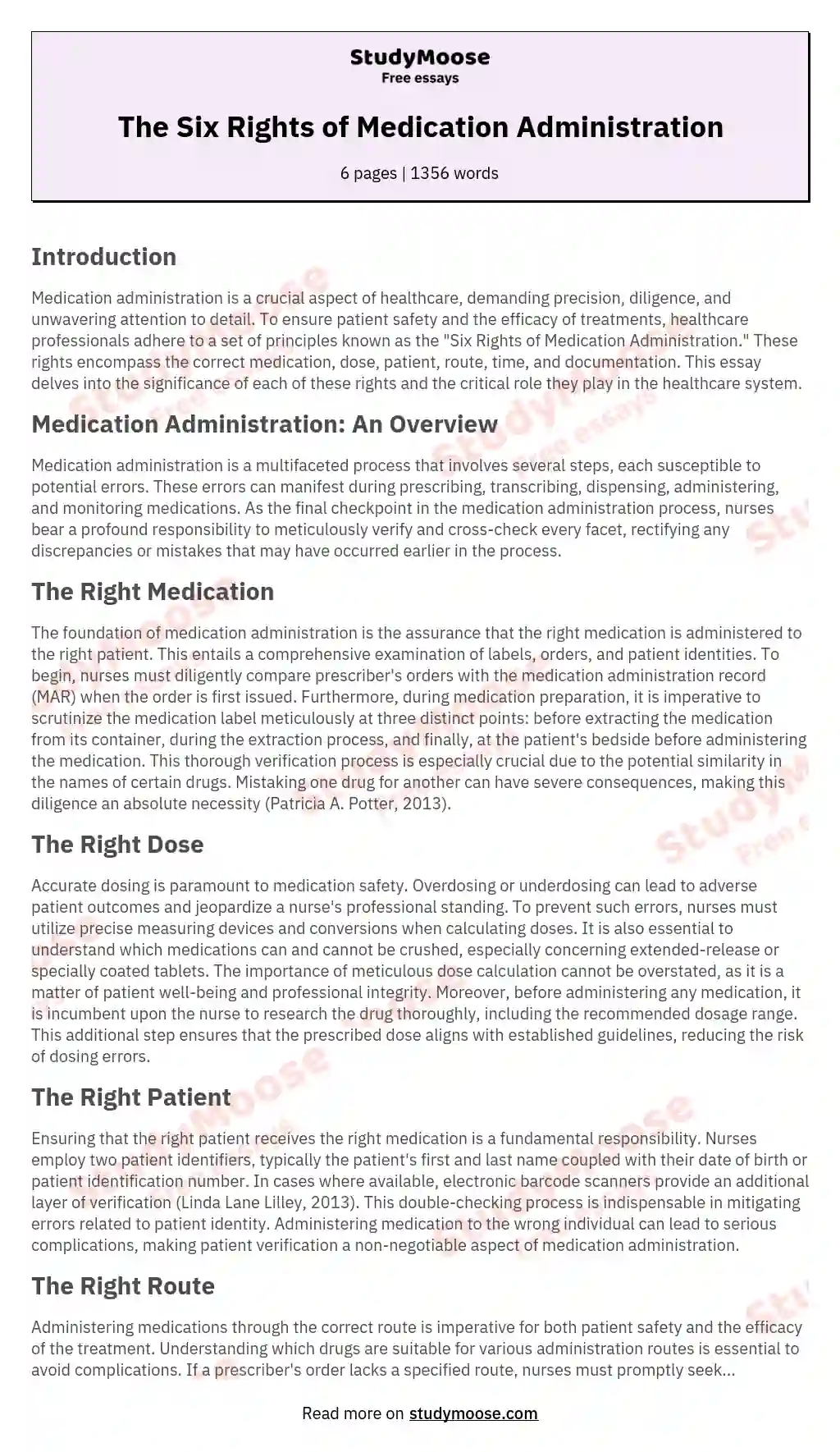The Six Rights of Medication Administration essay