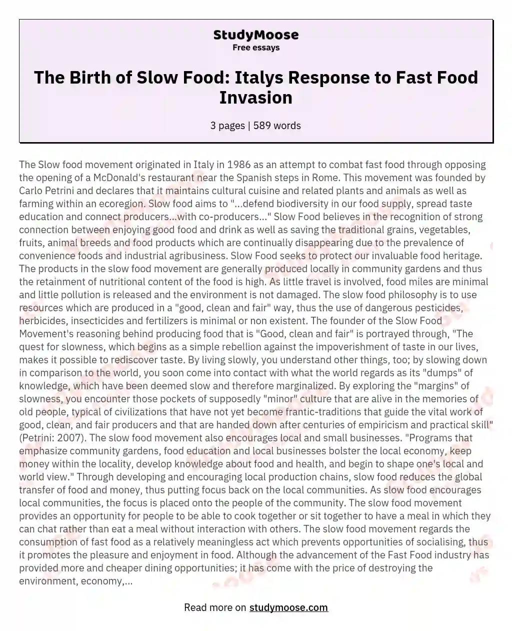 The Birth of Slow Food: Italys Response to Fast Food Invasion essay