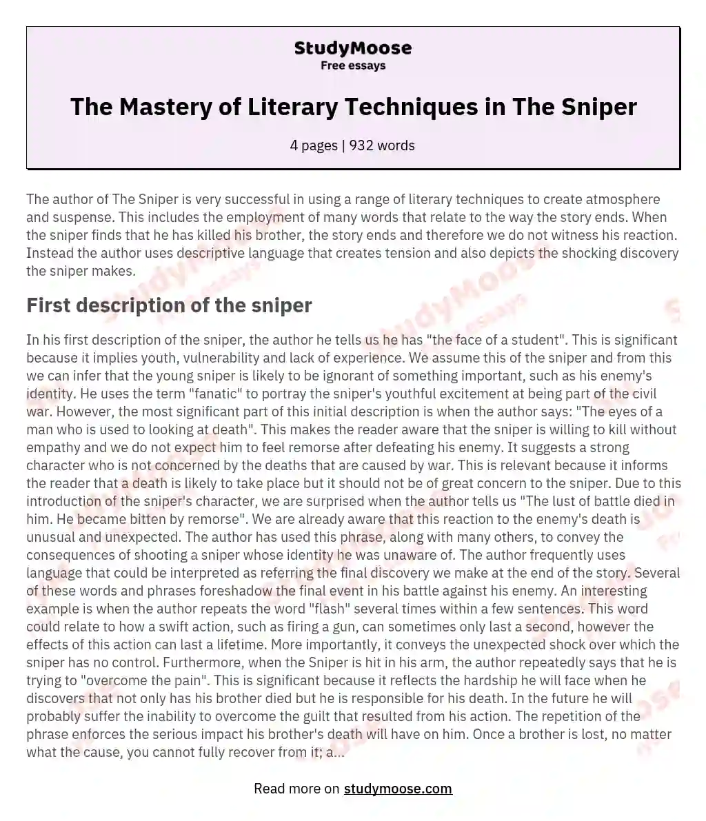 The Mastery of Literary Techniques in The Sniper essay