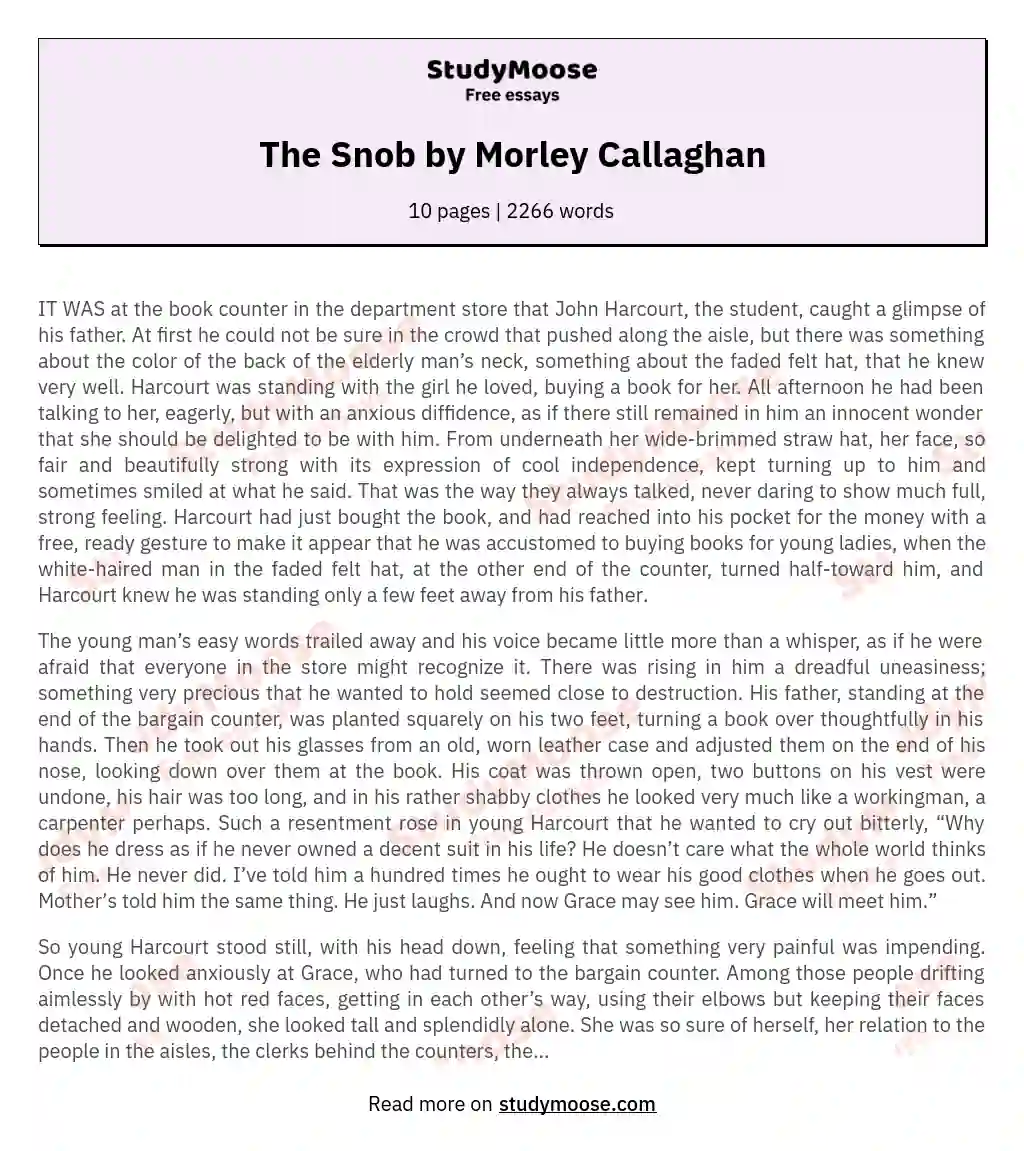 The Snob by Morley Callaghan essay