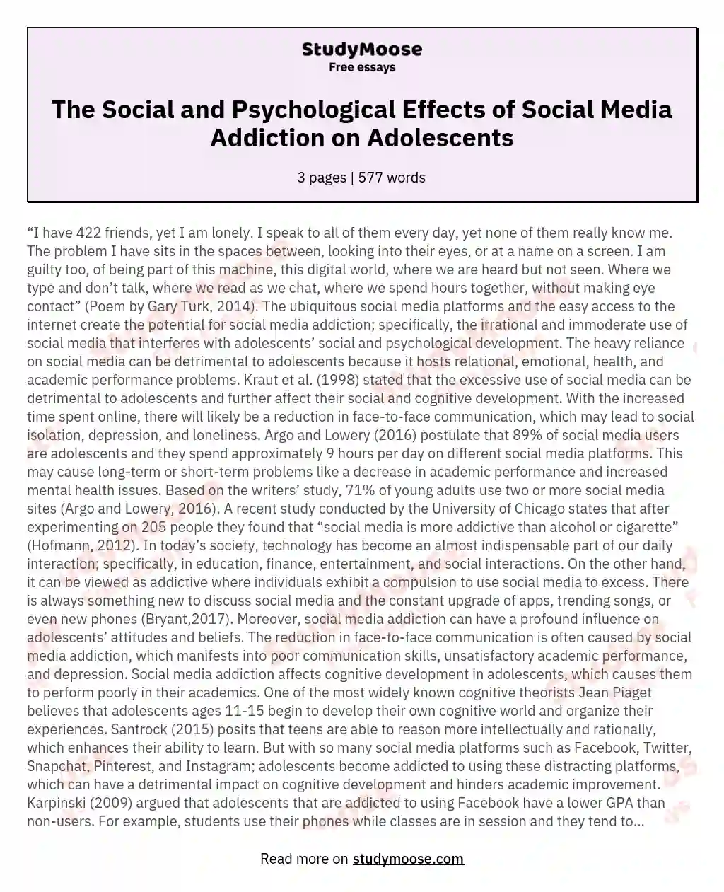 The Social and Psychological Effects of Social Media Addiction on Adolescents essay