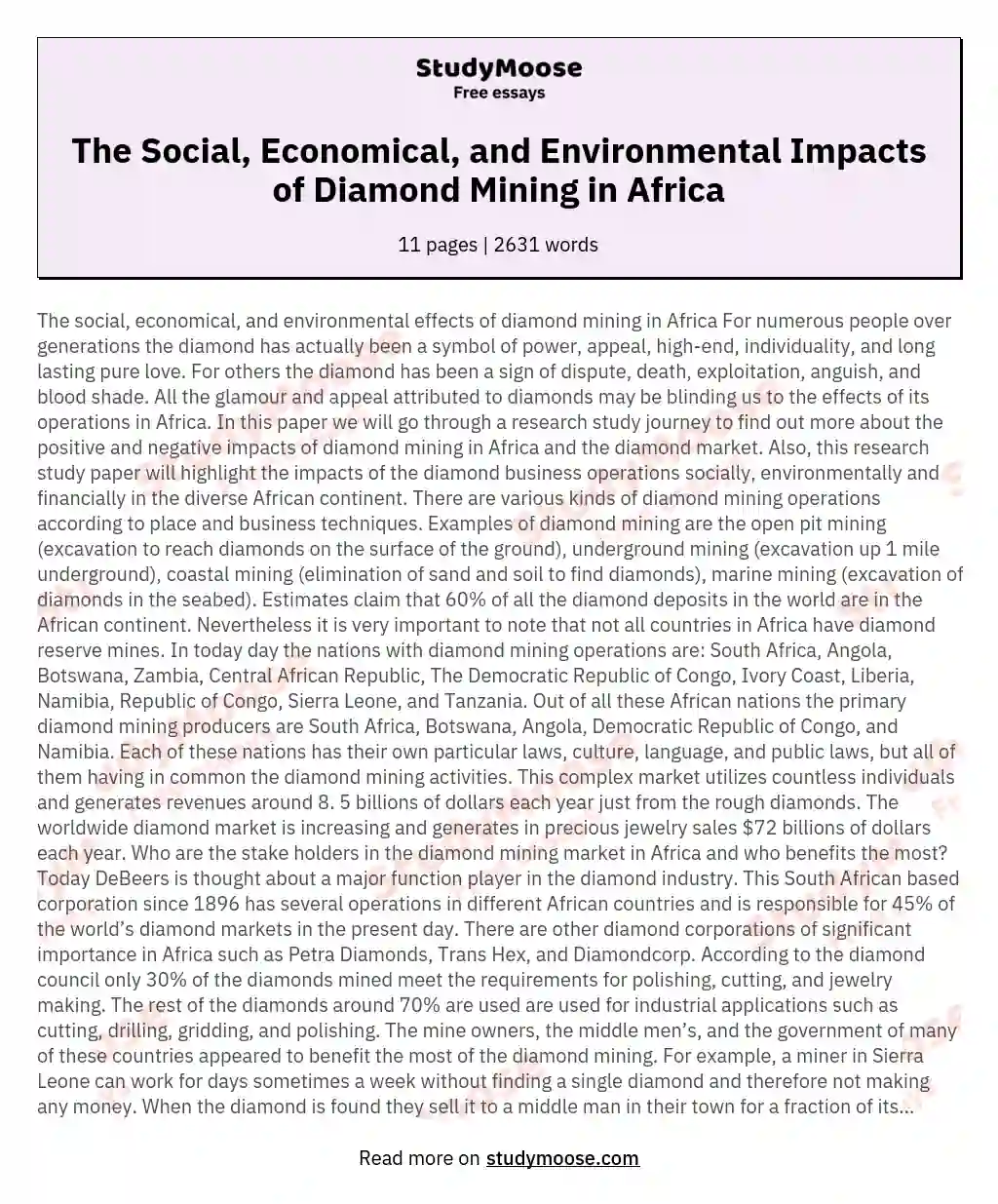 The Social, Economical, and Environmental Impacts of Diamond Mining in Africa essay
