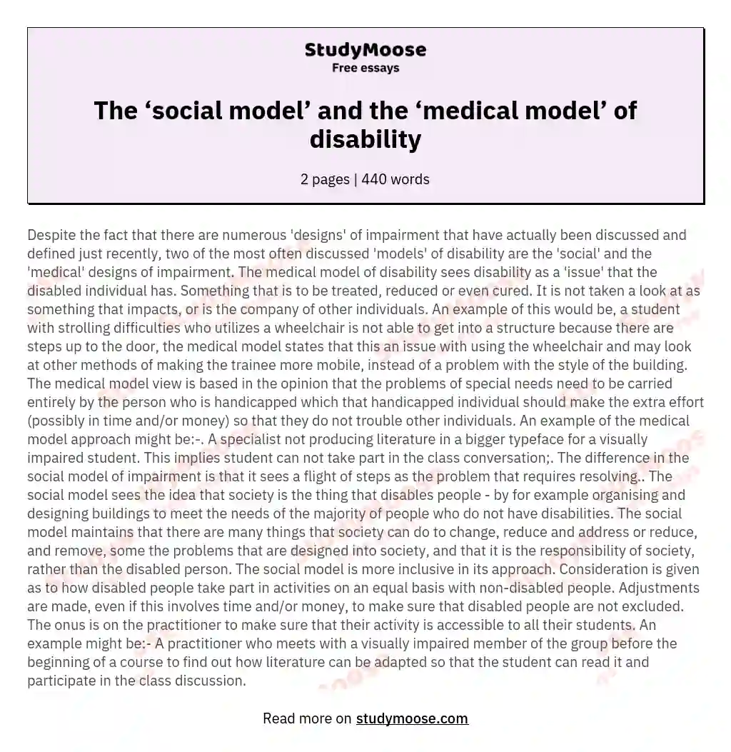 The ‘social model’ and the ‘medical model’ of disability essay