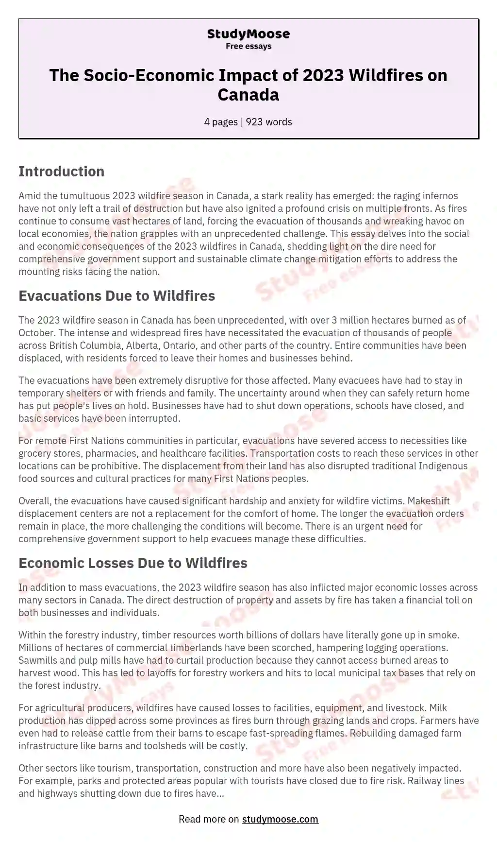 The Socio-Economic Impact of 2023 Wildfires on Canada essay