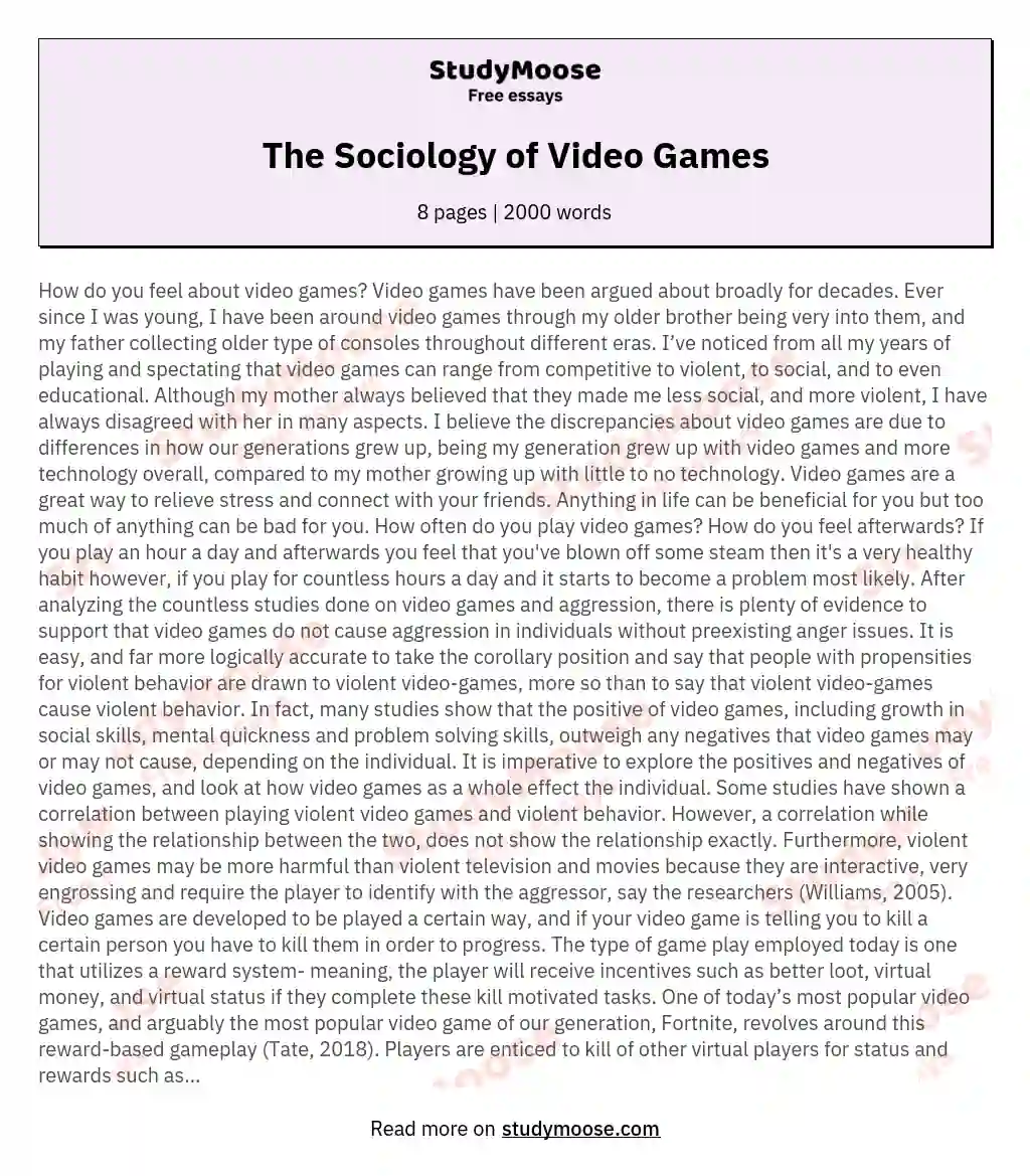 The Sociology of Video Games essay