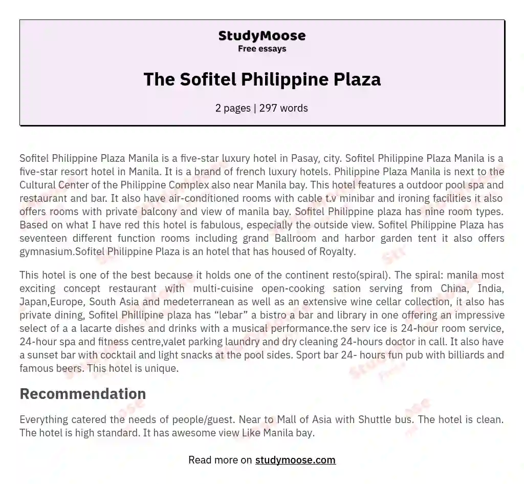 The Sofitel Philippine Plaza essay