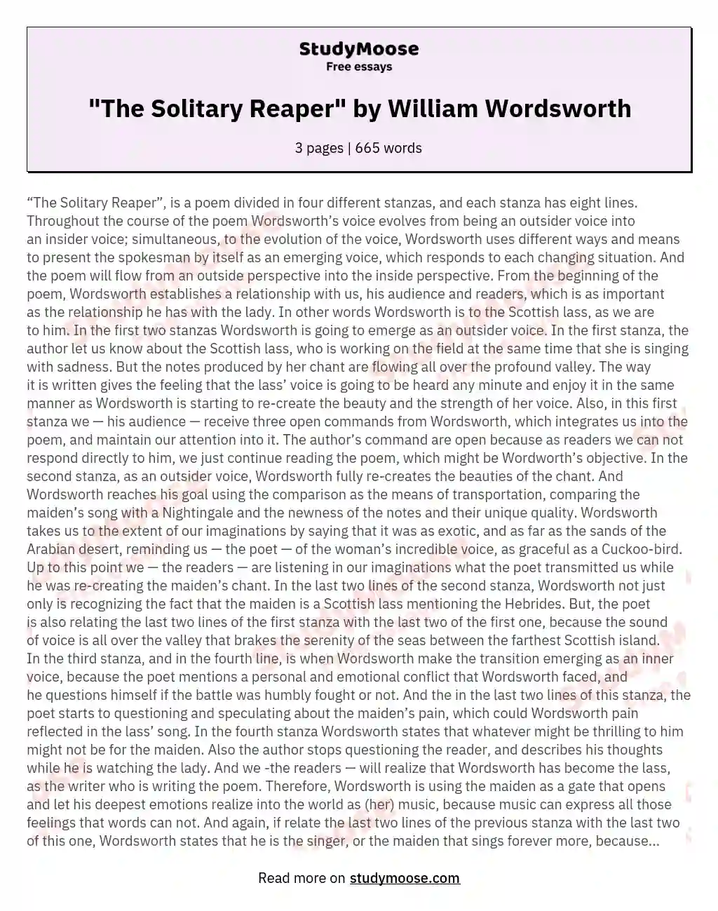 "The Solitary Reaper" by William Wordsworth essay